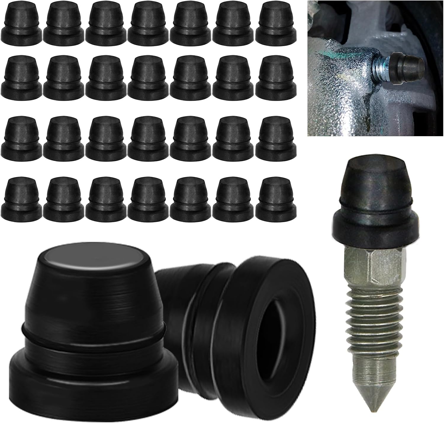 30PCS Black Brake Dust Cover, Rubber Dust Stem Cover, Grease Fitting Caps, Brake Caliper Bleeder Cap, Brake Bleeder Screw Cap, Rubber Dusts Covers for Cars, SUVs, Trucks, Motorcycles
