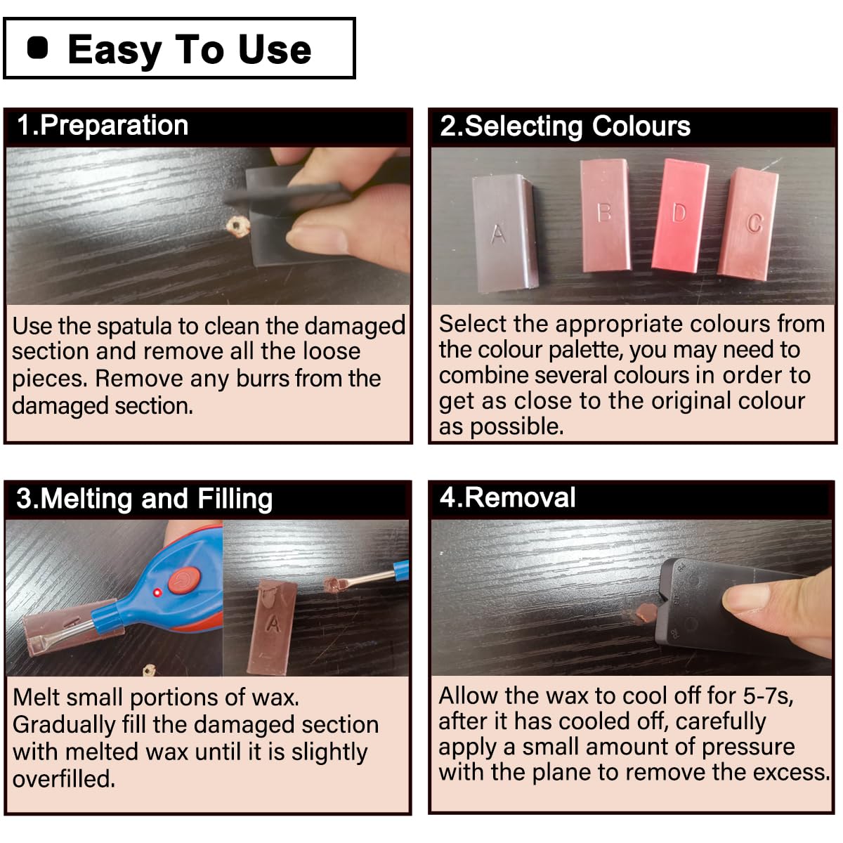 Laminat Reparaturset, Hartwachs Holz Parkett Vinyl Fliesen Reparaturset Möbelreparatur Wachs, Holzkitt Holzwachs Reparatur Wachskitt zum Kratzer Schäden Loch Ausbessern Arbeitsplatte, Holzmöbel, PVC