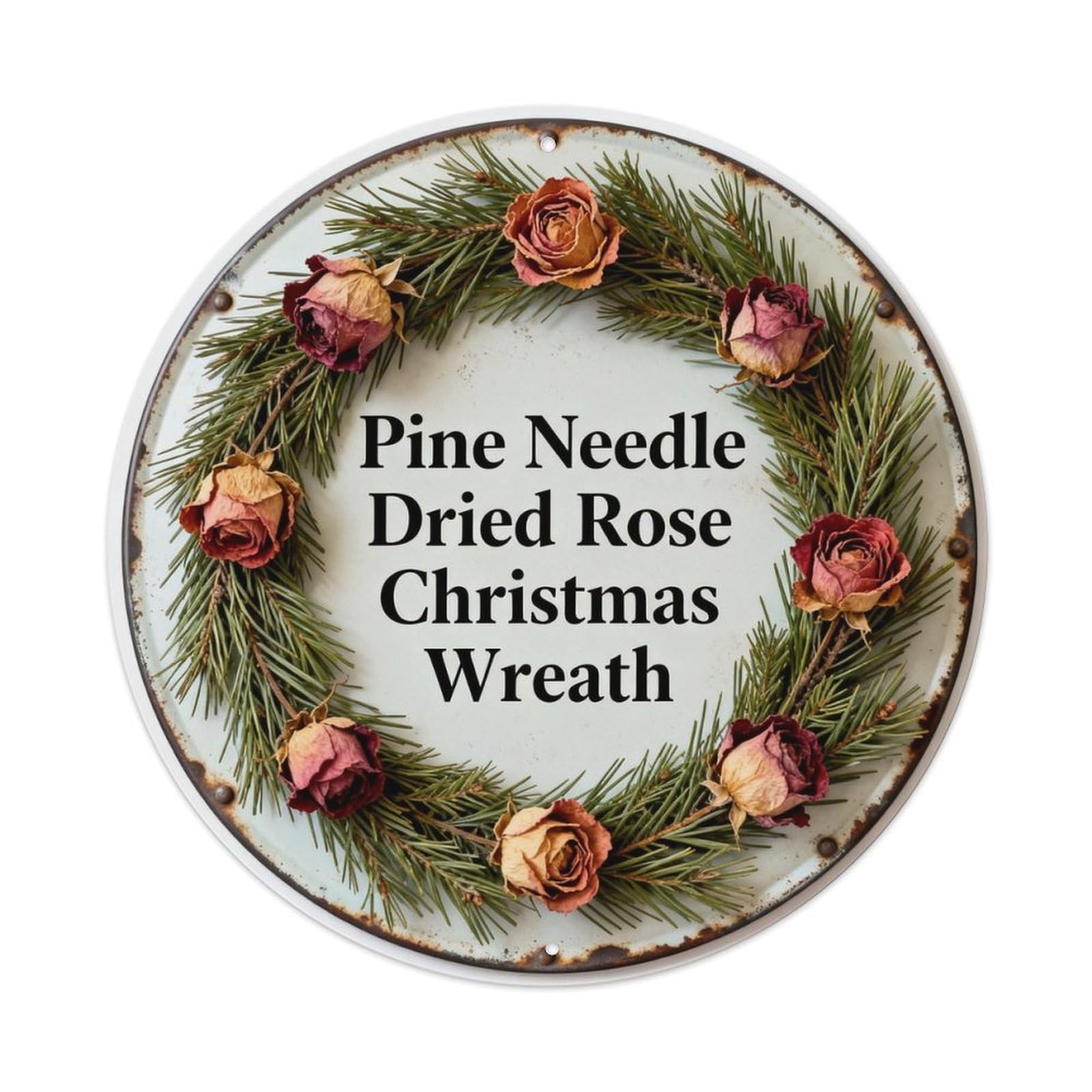 Pine Needle Dried Rose Christmas Wreath Metal Tin Sign Plaque