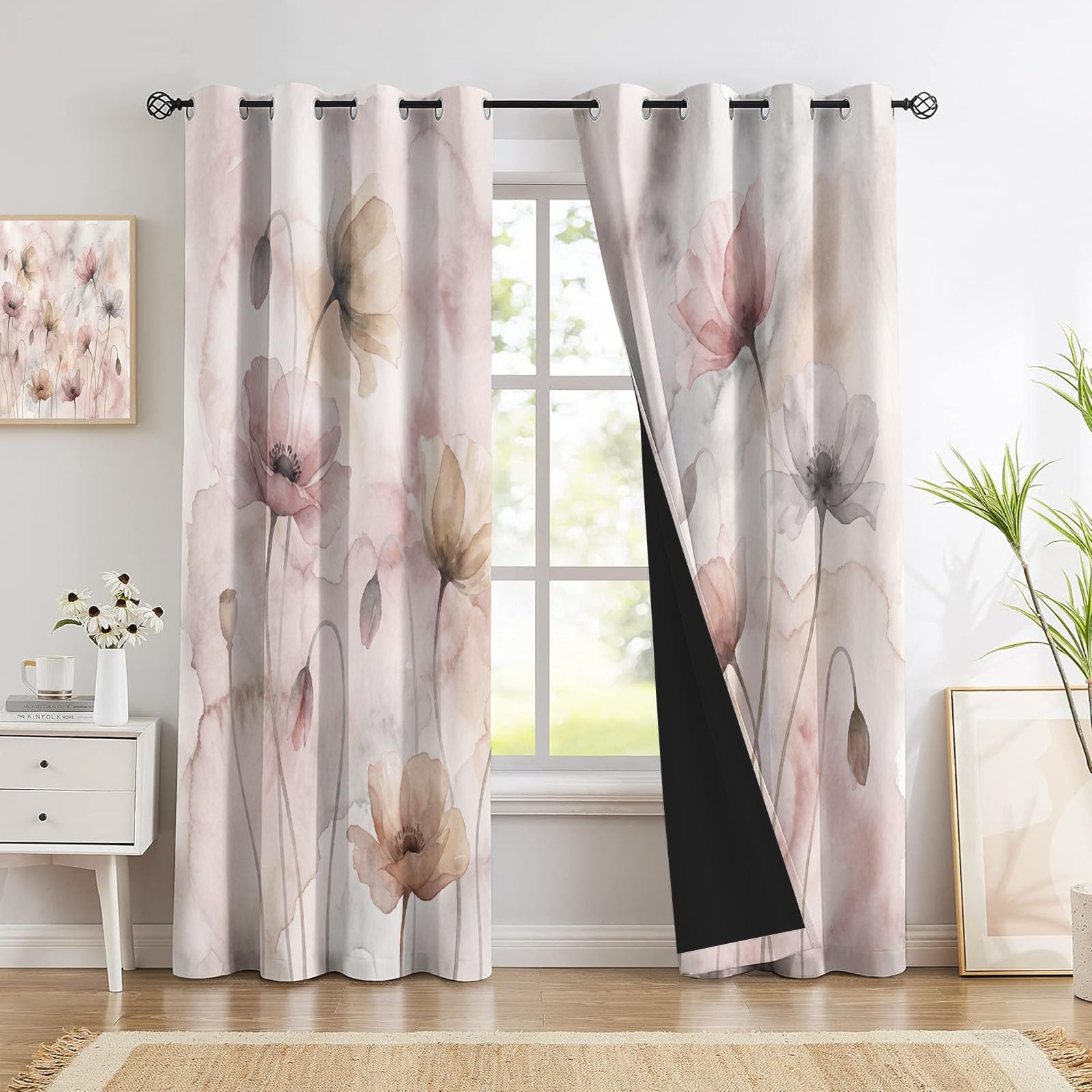 Rideau occultant violet clair motif coquelicot 140x260cm pour salon