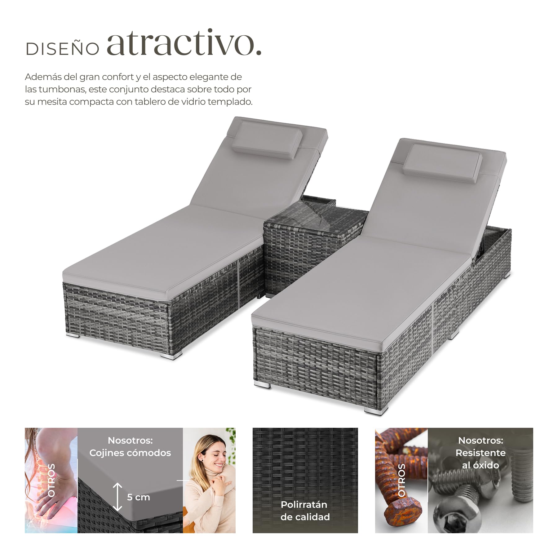 tectake® Set de 2 Tumbonas Jardin Exterior, Tumbonas Piscina, Muebles Jardin Exterior, Tumbona Plegable, Tumbona Terraza con Mesa, Respaldo Ajustable 6 Posiciones, Acolchado Extraíble - Gris