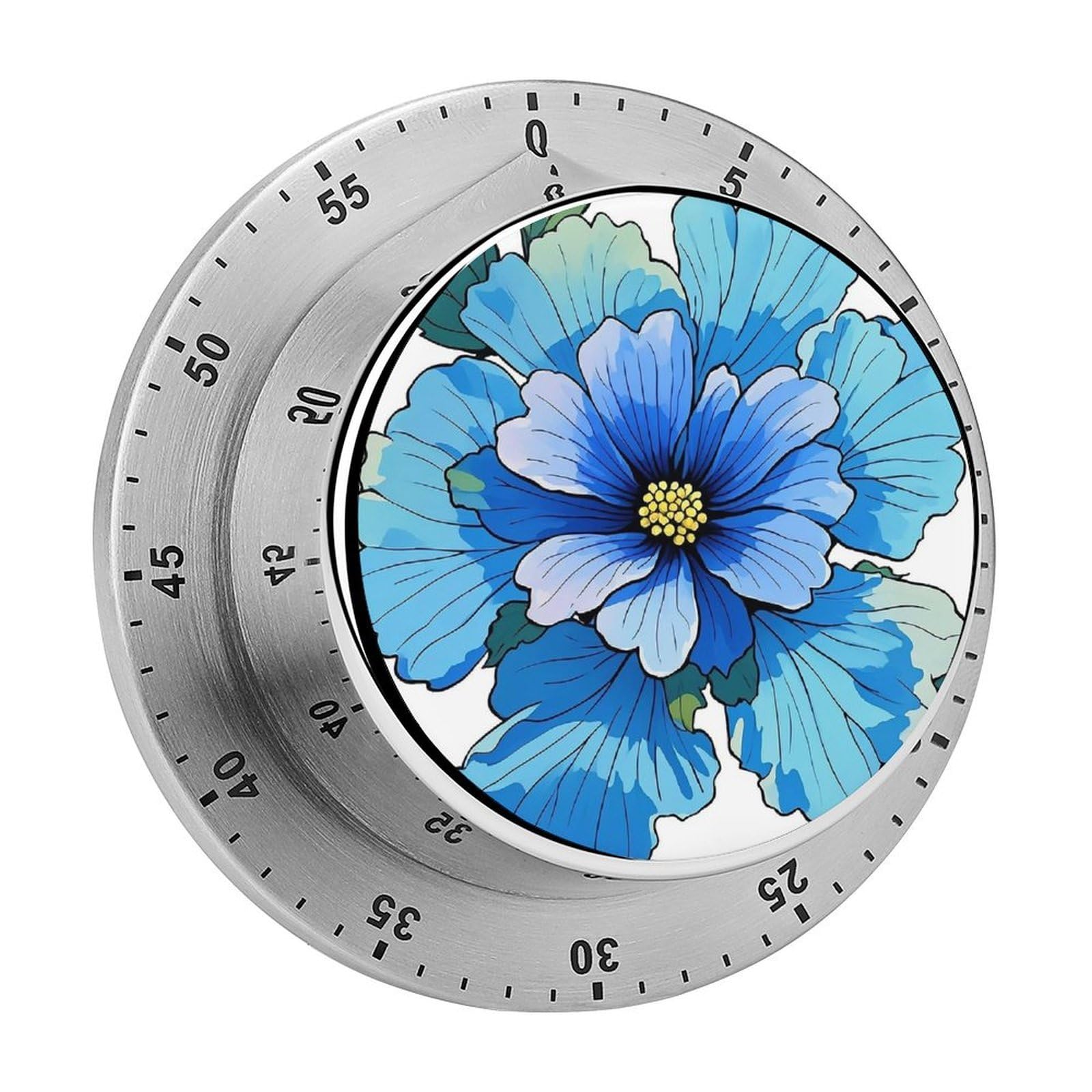 Blue Hibiscus Flower Fashion Visual Timers Wind Up 60 Minutes Desk Stainless Steel Magnetic Timer Countdown Clock No Batteries Loud Alarm for Kitchen Chef Cooking