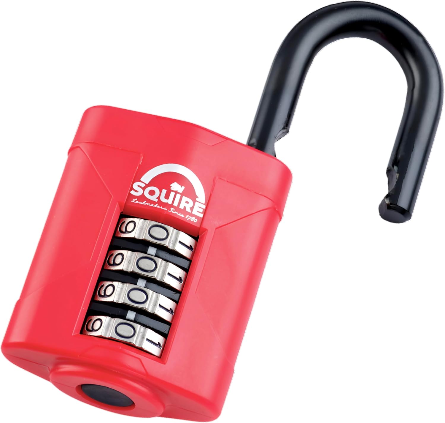 Squire Heavy Duty Padlock (CP50RED) - Toughest Steel Shackle - 4 Wheel 2" Wide Combination Padlock (Red) - Alloy Steel for Corrosion Resistance - Weatherproof Lock for Home, School & Garage