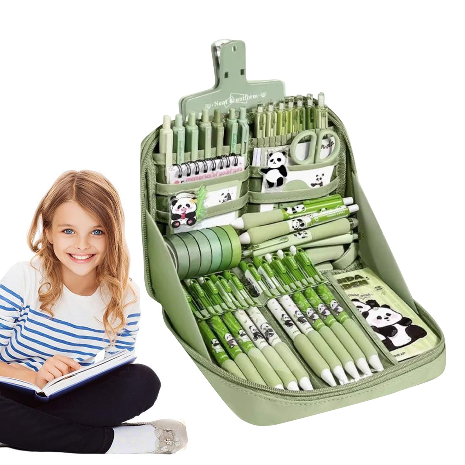 Panda Schulmaterial-Set - Schreibwaren-Set für Kinder | Hülle A, Notizbücher, Stifte, Aufkleber Und | Schulmaterialien Set - Back to Geschenk Für Mädchen