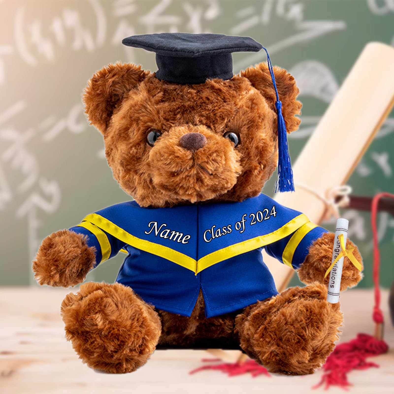 Personalized Graduation Teddy Bear - Custom Text/Name, Class Of 2025, With Cap, Gown & Diploma, 8 Inch Plush Gift For High School/College Grad