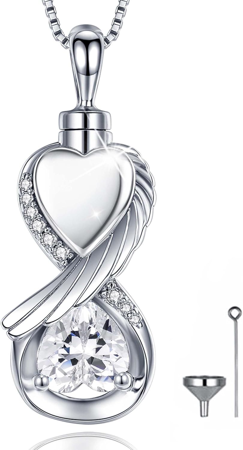 ReBest Sterling Silver Infinity Urn Necklace for Ashes for Women - 925 Wing Cremation Necklace Jewelry that Hold Ashes of Human or Pet - Memorial Keepsakes Heart Pendant Gift Jewelry