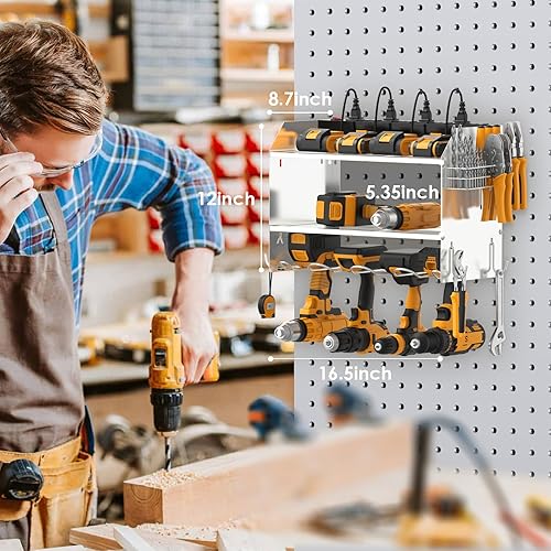 Miniatura 63 de CCCEI - Organizador modular de herramientas eléctricas para montaje en pared con estación de carga Estante de almacenamiento con ganchos