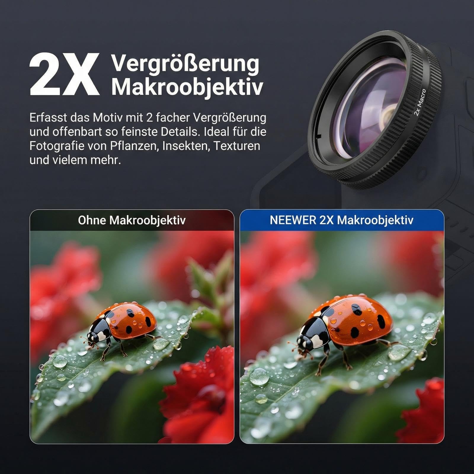 NEEWER Makroobjektiv kompatibel mit DJI Osmo Action 6 nur, Zubehör für Action Kameras zur Nahaufnahmetechnik mit 2XVergrößerung, 2 Elemente, 1 Gruppe, Fokusbereich 2–3cm, LS010