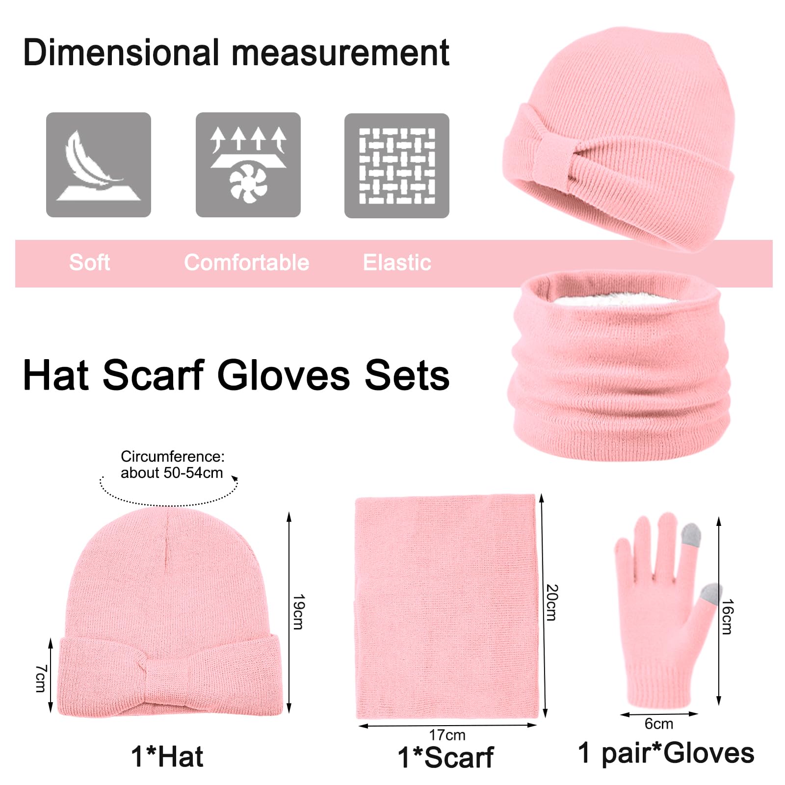 Enwokran 3 Stück Kinder Wintermützen Handschuhe Schal Set Beanie Mütze Knoten-Bogen Warme Gestrickte Touchscreen-Handschuhe Loop Schlauchschal für Jungen Mädchen 3-8 Jahre Outdoor Aktivitäten
