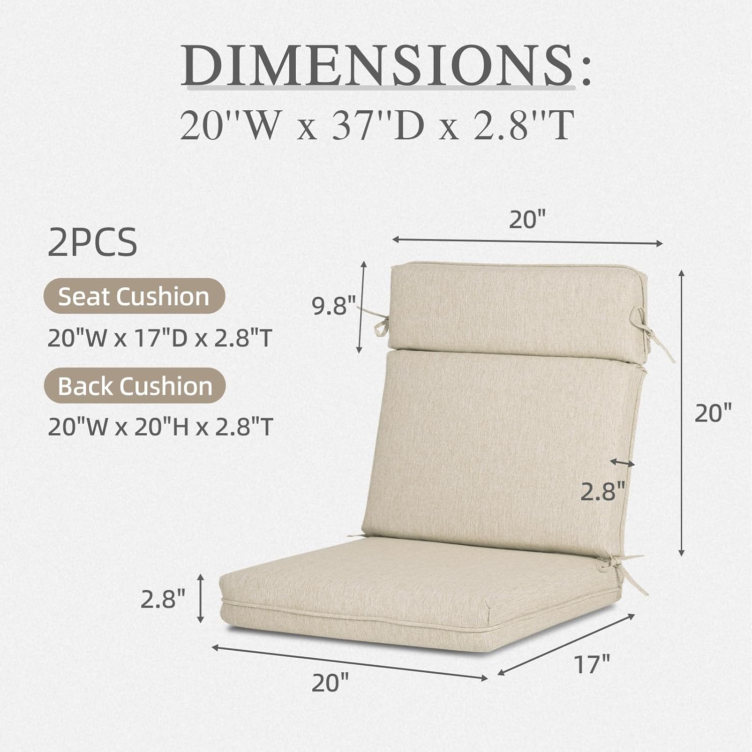 Aoodor 20" x 37" x 2.8" Polyester High Back Segmented Outdoor Chair Cushion, Water Resistant & Fade Resistant Removable Cover, Ties and Zipper for Patio Furniture, Set of 2, Brown