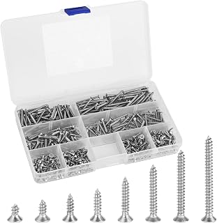 400Pcs 304 Stainless Steel Screws Set, M3 Wood Screws Kit Flat Head Self Tapping Screws Assortment Kit for Wood Drywall (8 Sizes)