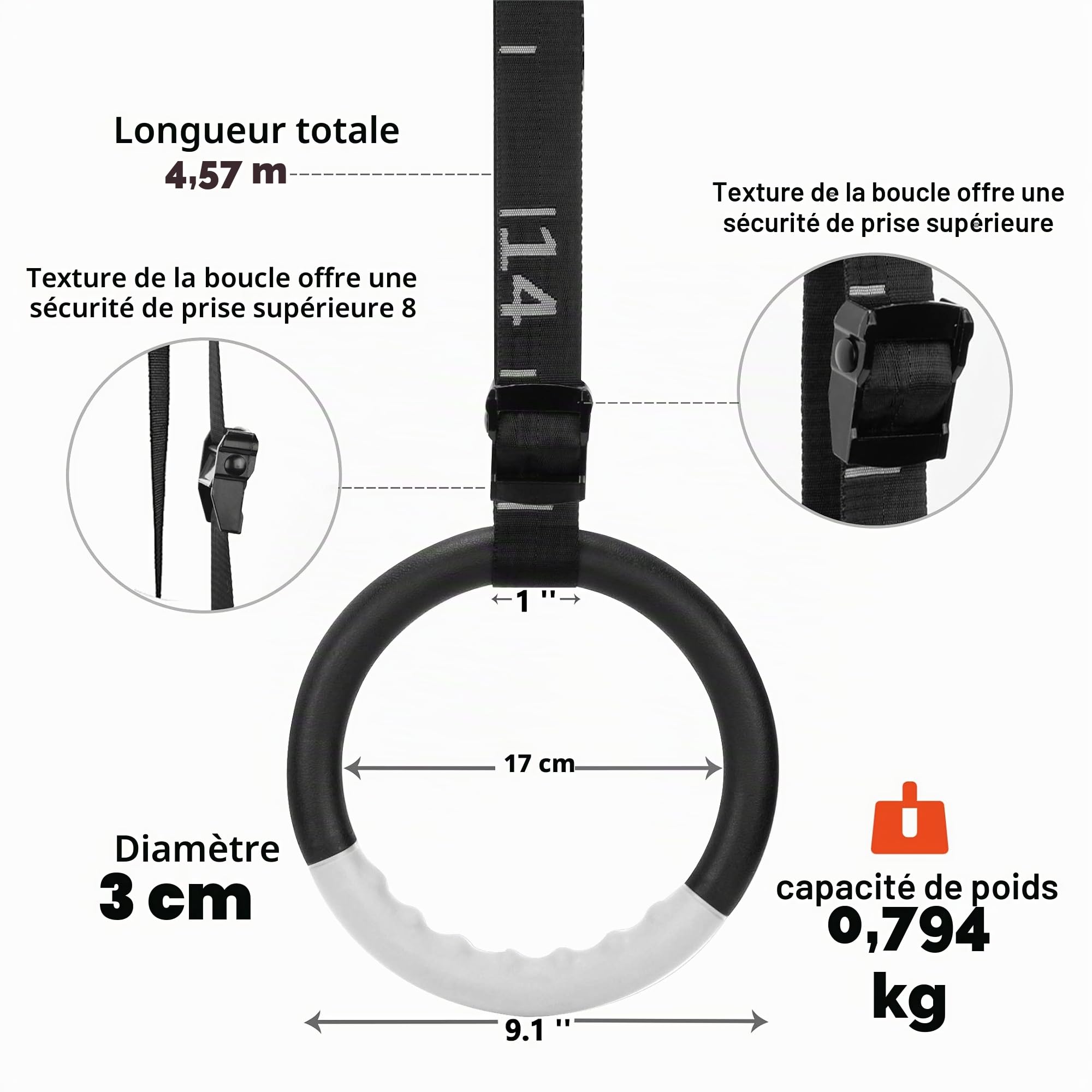 BOOSTEADY Set d'Anneaux de Gymnastique Professionnels - Anneaux Olympiques avec 4,6m Sangle en Nylon Réglable, Anneaux Traction ABS Antidérapant pour Ringe Gym Intérieur & Extérieur (Jusqu'à 1200 lbs)