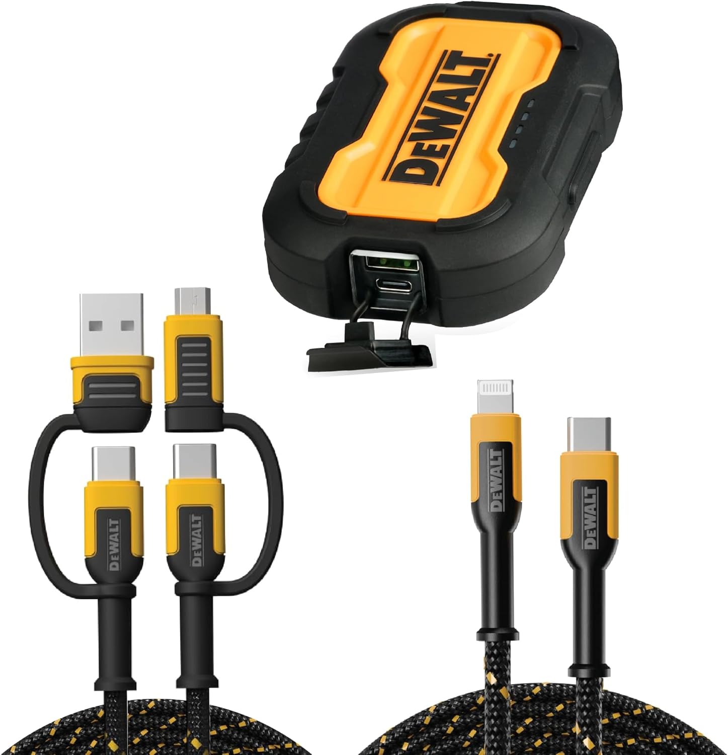 DEWALT Power & Charging Bundle – 10,000mAh Power Bank, 4-in-1 Universal Type C/Micro-USB/USB Cable, & Braided Lightning Cable