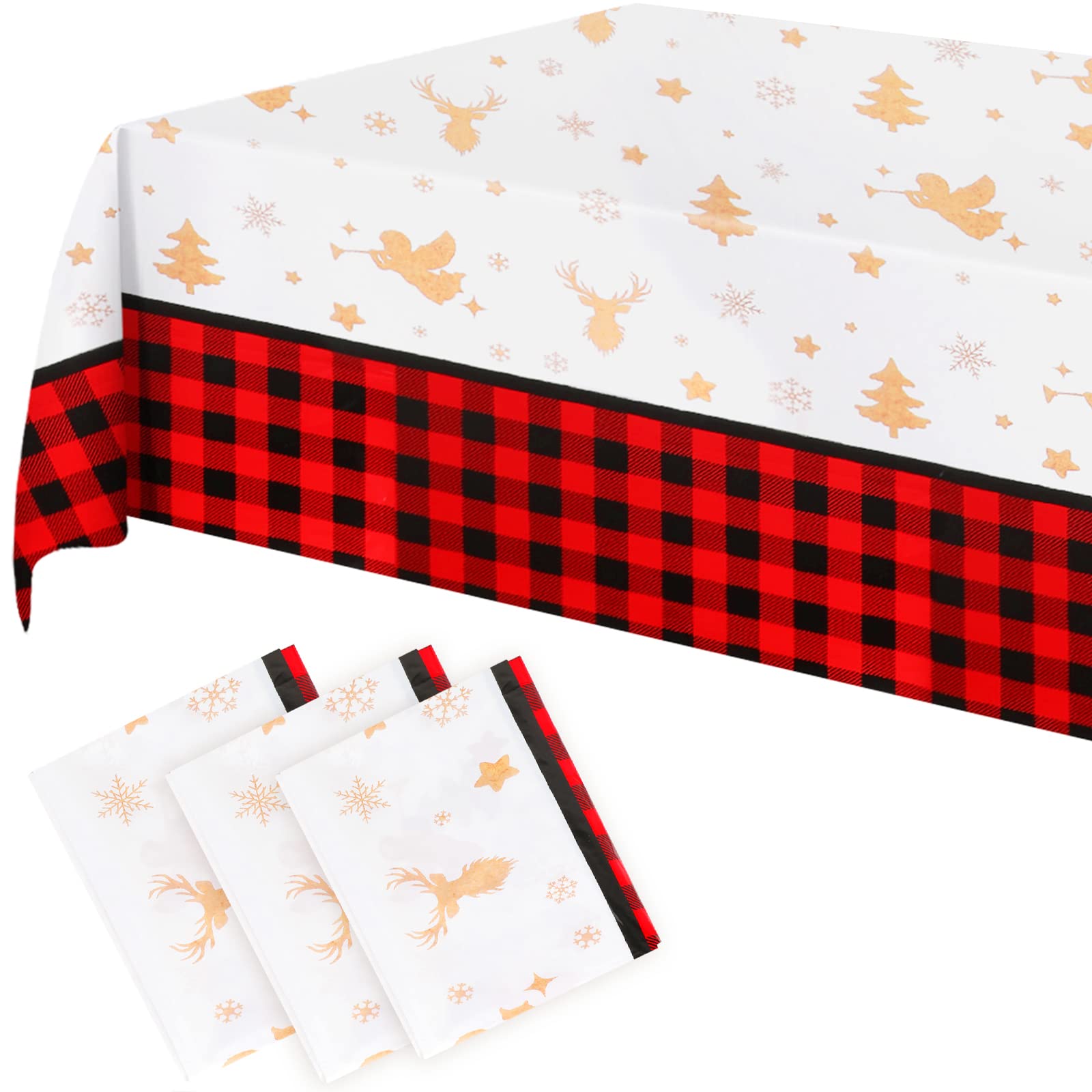 PHOGARY 3PCS Red Buffalo Plaid Christmas Tablecloths, Plastic Snowflake Tablecovers, Disposable Rectangular Table Covers, for Thanksgiving Christmas Winter Camping, Holiday Parties Supplies