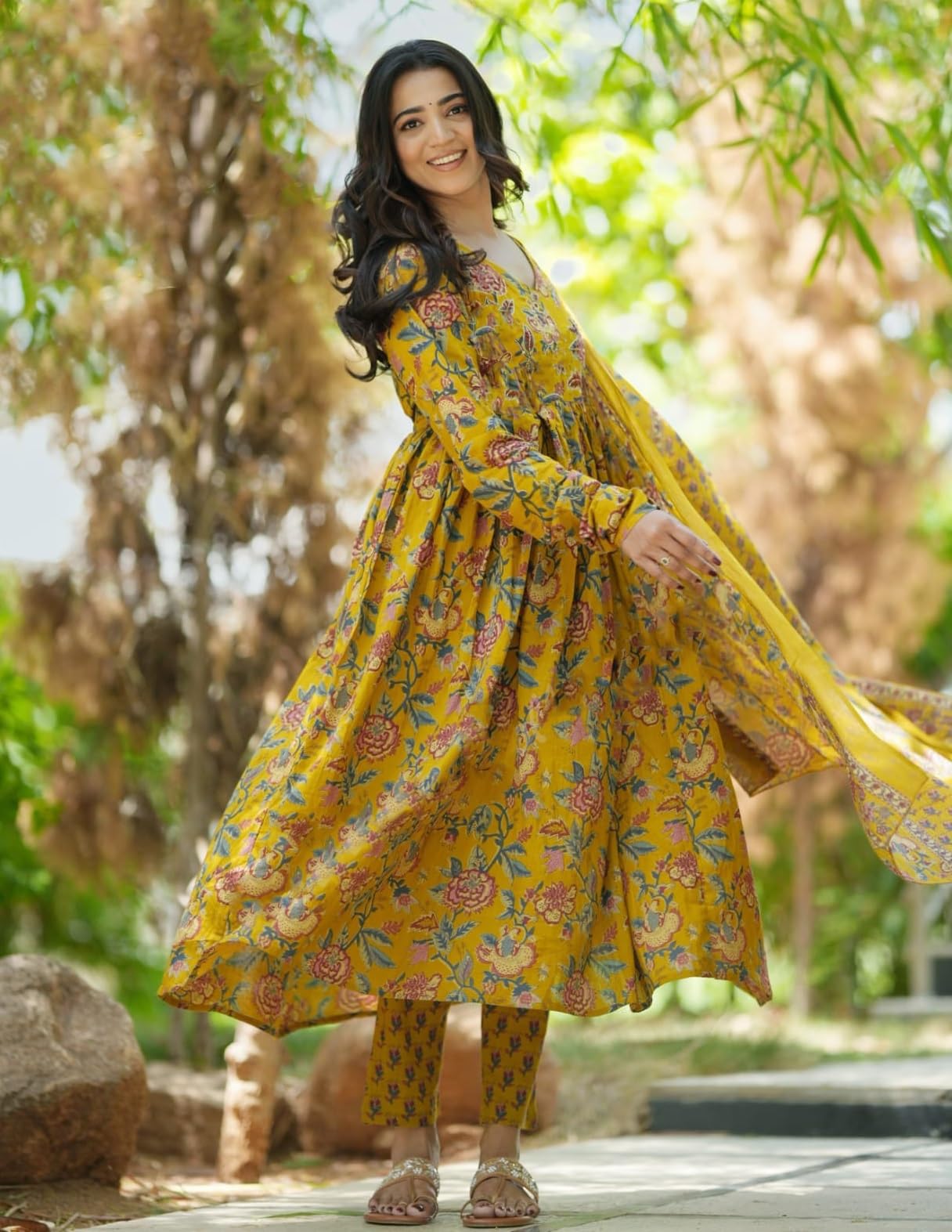 Nermosa Women Printed Anarkali Kurta And Pant Set With Dupatta (In, Alpha, L, Mustard Yellow)
