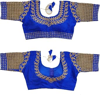 Phantom Silk Embroided Handwork Designer Saree Sari Blouse Half Sleeves Readymade for Women 38, Royal Blue