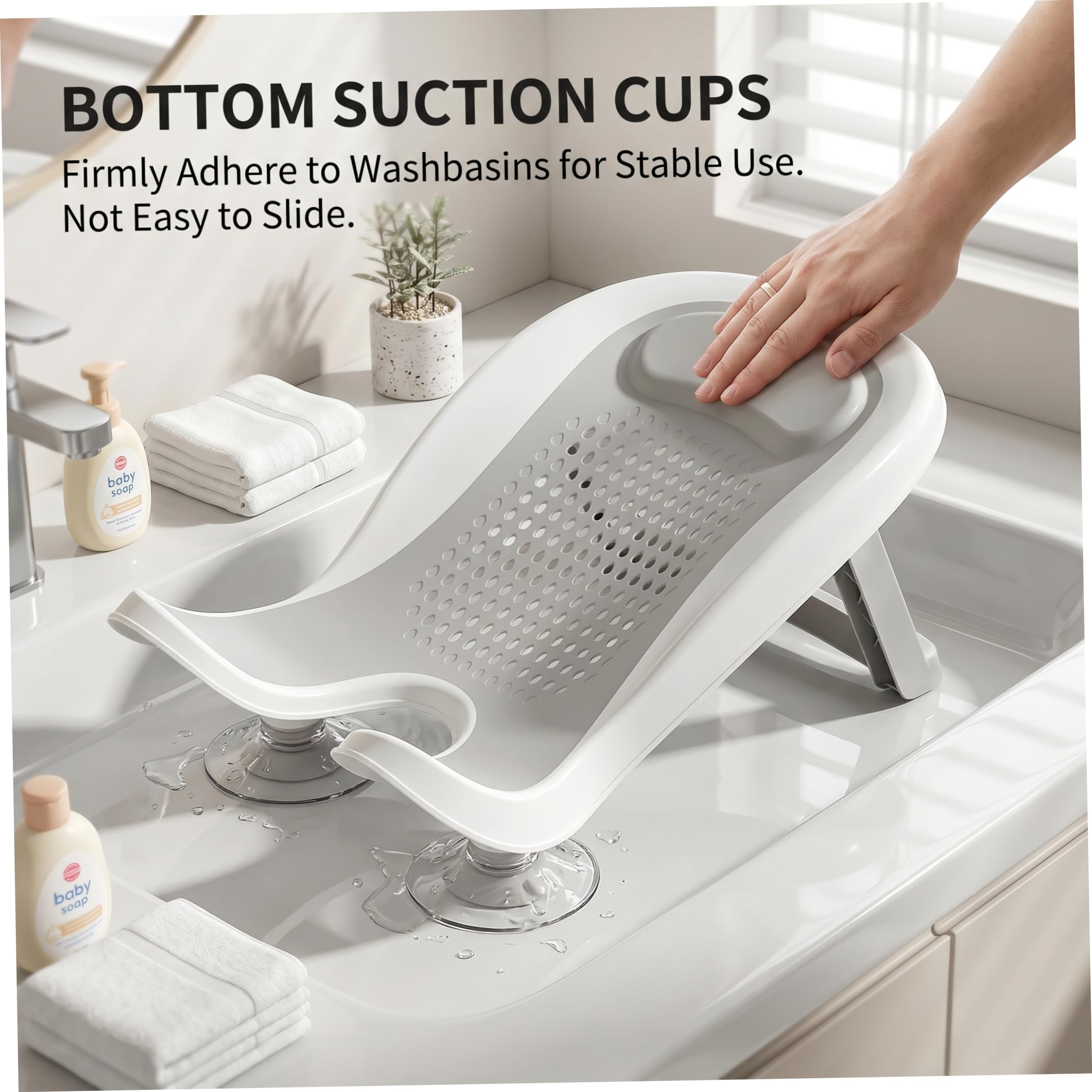 Sedili da bagno, Supporto per bagnetto, Vaschetta ergonomica per neonati con ventosa e soluzione per lavabo antiscivolo per gambe per 0-12 mesi - Grigio