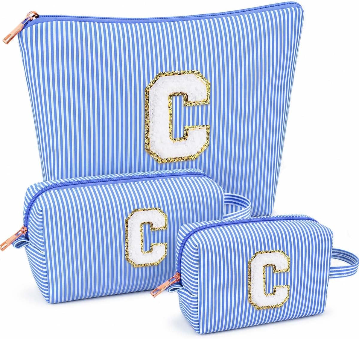 3 PCS Initial Makeup Bags for Women - Cosmetic Bag for Travel Toiletry Personalized Cute Makeup Pouch Birthday Gifts for Grilfriend Wife Moms Bridesmaid Retirement Travel Gifts - Blue C