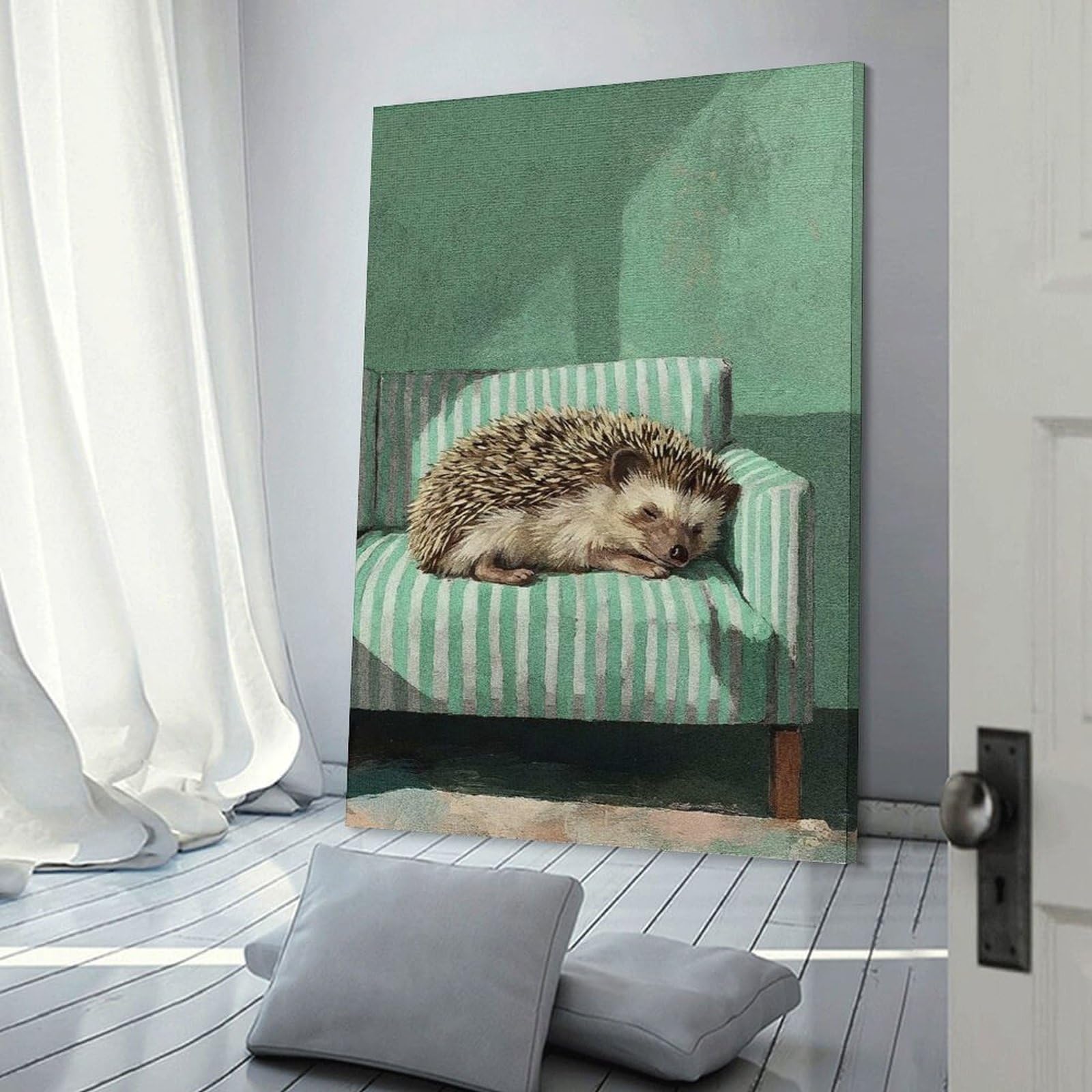 Junmoney Sleeping Hedgehog on Striped Couch Room Decor Wall Art 20x30inch(50x75cm), for Bedroom Decor, Cosy Corners Or Studios, A Warm Accent for Relaxed Interiors