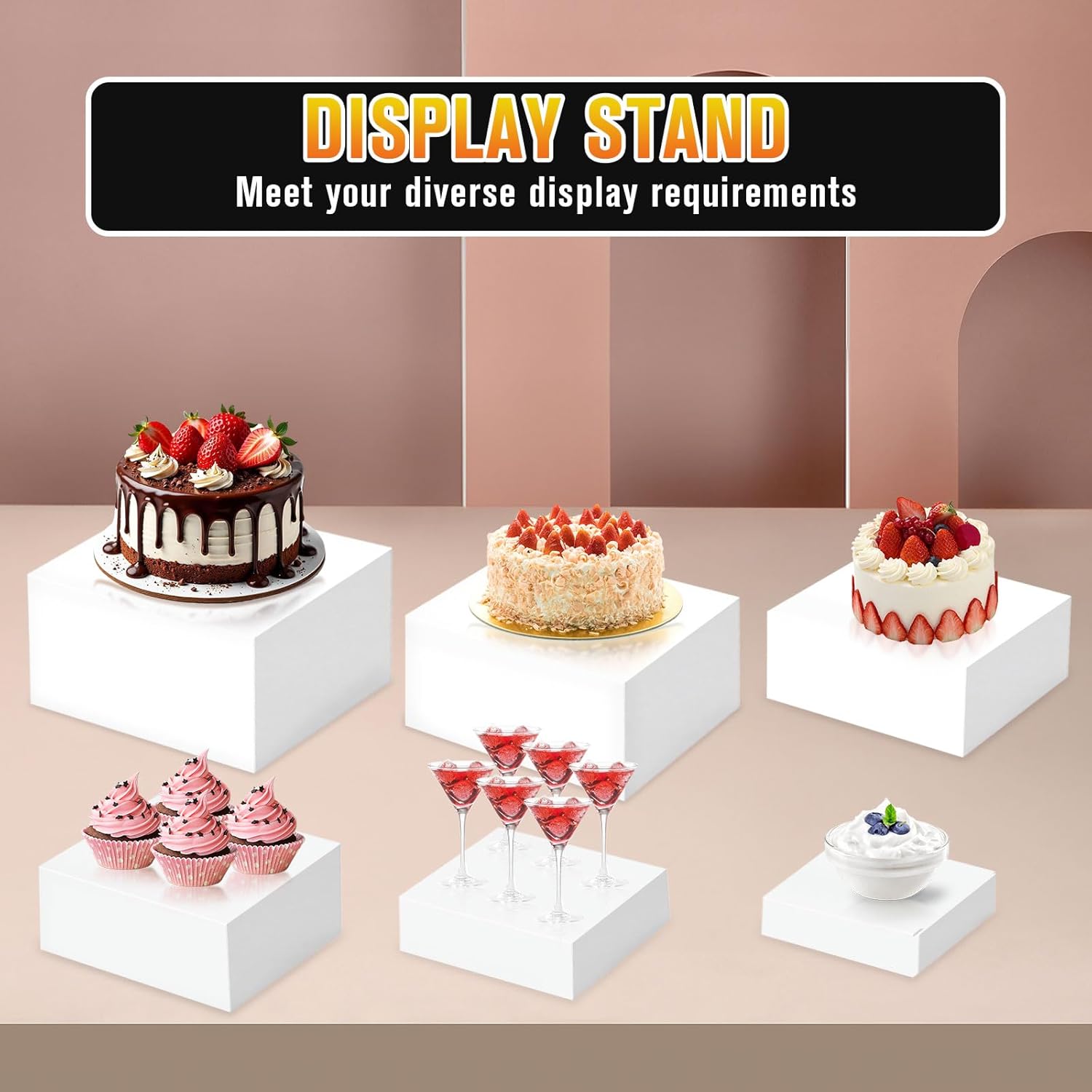 6PCS Buffet Risers, Food Display Risers for Party, Buffet Riser for Buffet Table, Acrylic White Boxes for Food Display Catering Dessert Jewelry(Size10 9" 8" 7.5" 6.7" 6")