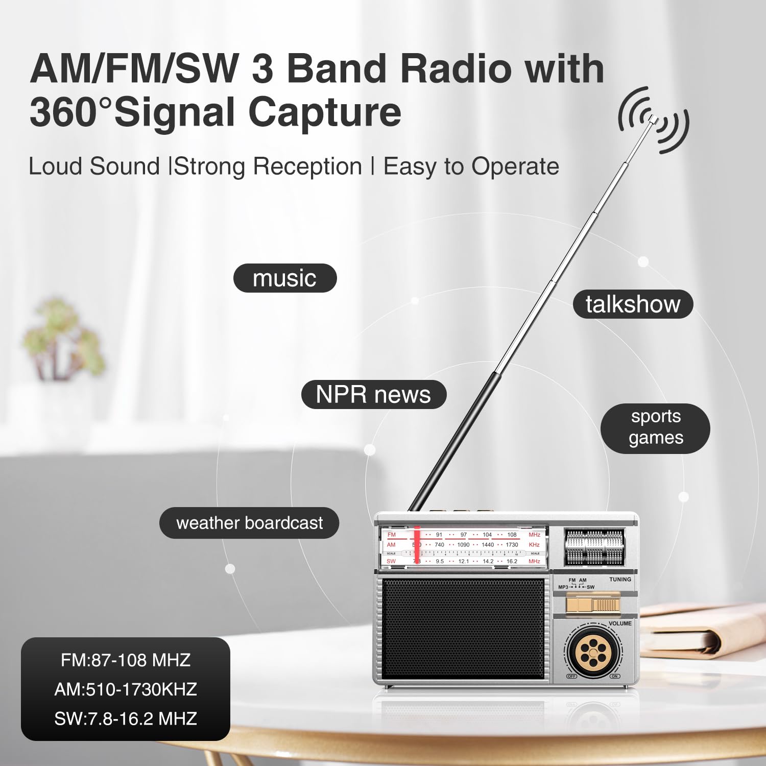 Radio Portatile AM/FM/SW Radio Ricaricabile Solare/USB-C, Piccolo Radio Transistor con Altoparlante Bluetooth, Lettore TF/USB/AUX Per Famiglia, Outdoor e Giardino