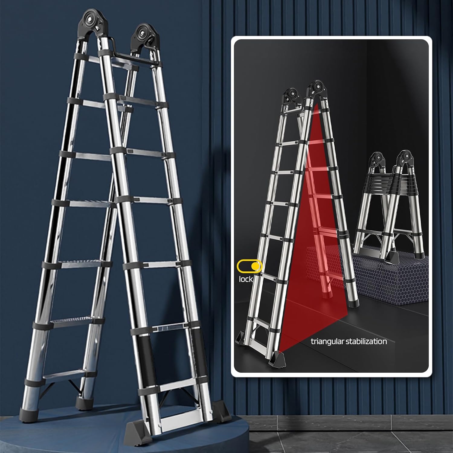 Telescoping Extension Ladder Tall Ladder Multi-Purpose Collapsible Ladder with Locking Mechanism | Stainless Steel Telescopic for Home or RV Outdoor Work | Heavy Duty 330 lbs Load