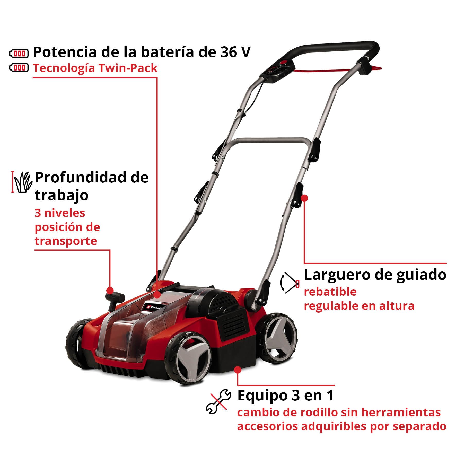 Einhell Escarificador-aireador inalámbrico GE-SC 36/35 Li-Solo Power X-Change (36 V, Ancho de Trabajo 35 cm, Motor sin carbón, Rodillo de escarificación de 16 Cuchillas, se Vende sin batería)