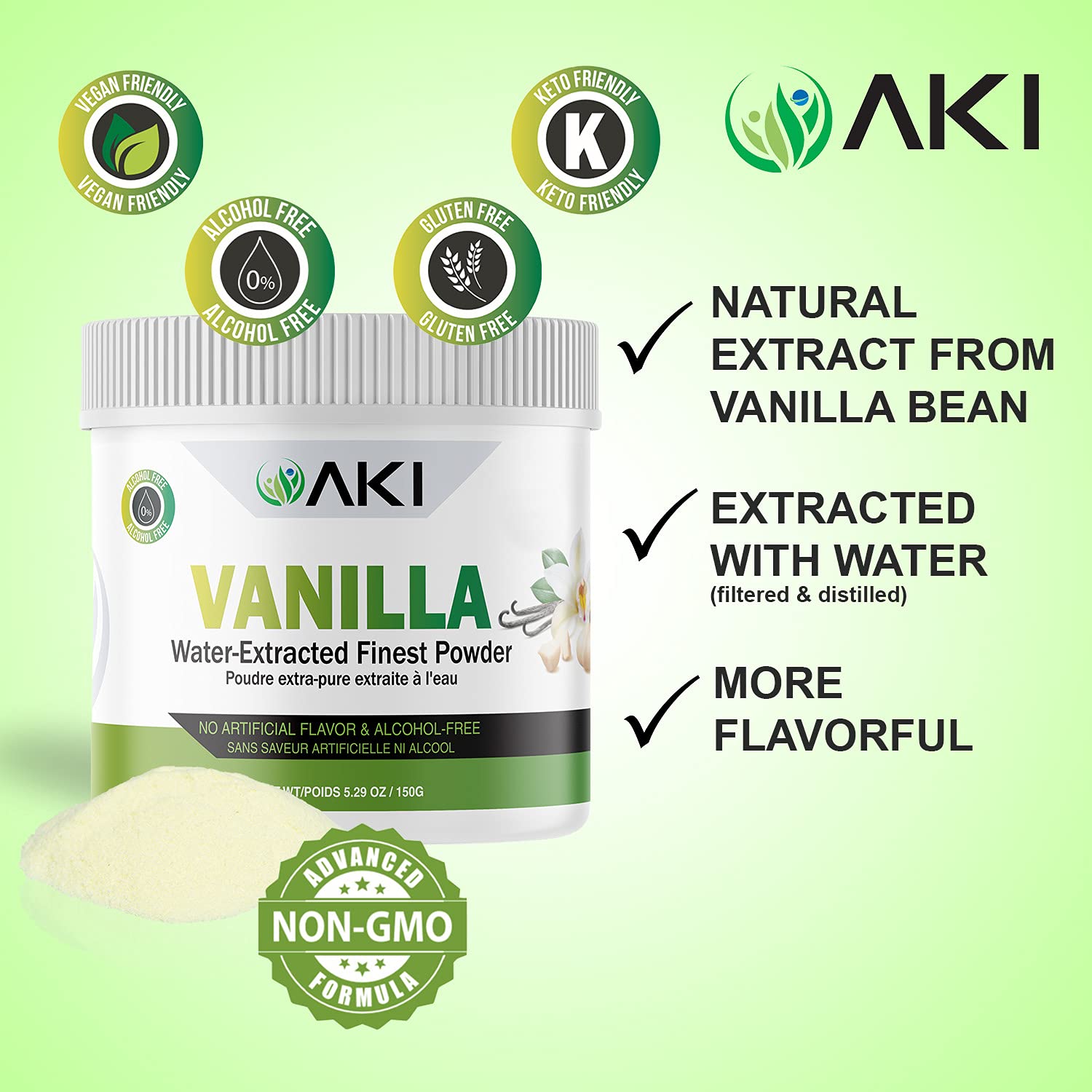 Aki Fine Vanilla Powder Extract From Beans (5.29oz/150g) - Water Extracted Powder Ideal For Baking, Cooking Flavoring - Delicious Vanilla Flavor & Easy to Add in Smoothies & Coffee, Non-GMO & Alcohol-Free