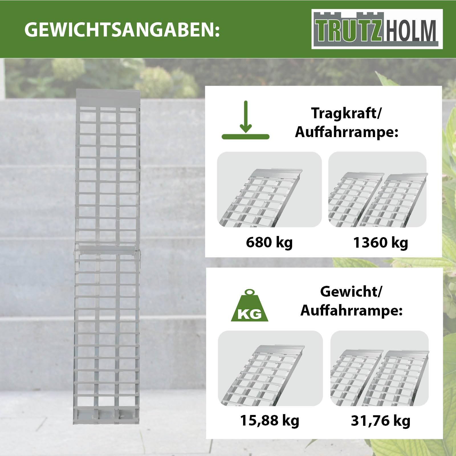 TRUTZHOLM 1 x Auffahrrampe 230 cm Traglast 680 kg Alu klappbar grau Riffelstab Rampe Verladerampe