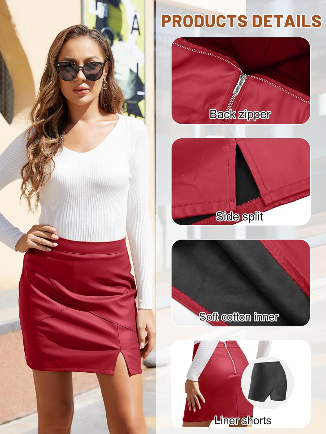 We1Fit Womens Fuax Leather Skirt High Waisted Bodycon Pencil Mini Skirts with Shorts - Image 5