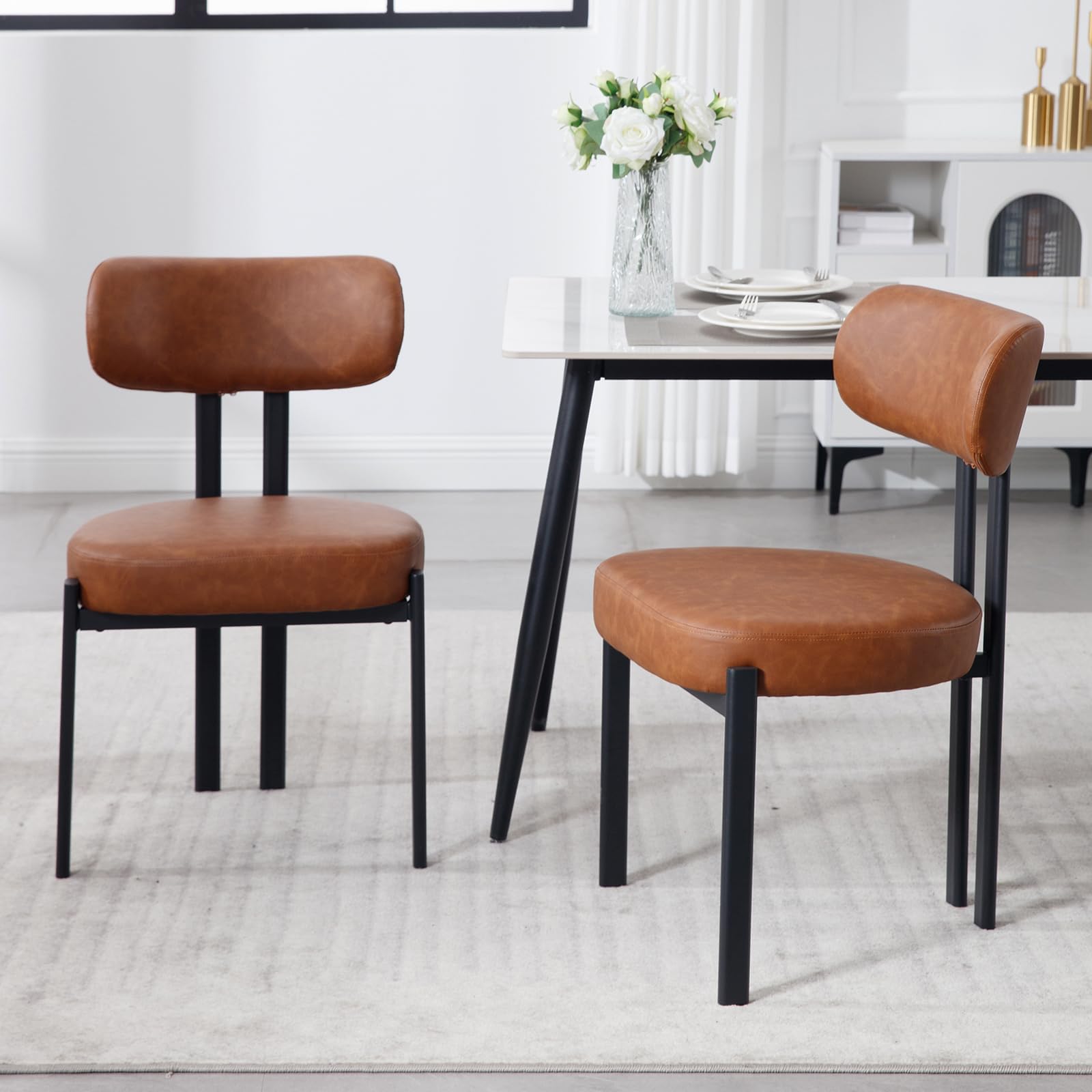 Ya-Home Leather Dining Chairs Set of 2 with Black Metal Legs, Brown