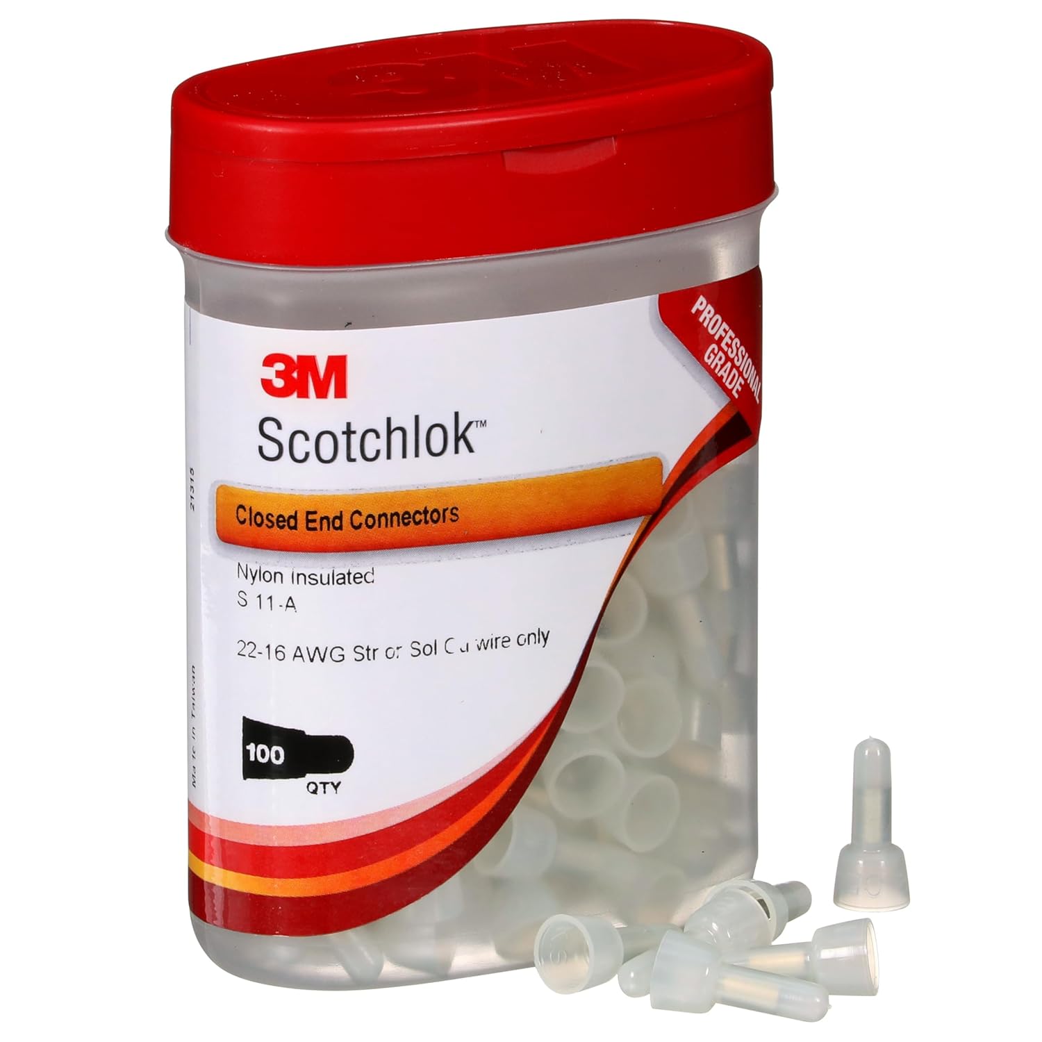 3M Scotchlok S-11-A Nylon-Insulated Butted Seam Standard Closed-End Connector, 22-16 AWG, Pack of 100, UL Listed, CSA Certified and RoHS 2011/65/EU Compliant