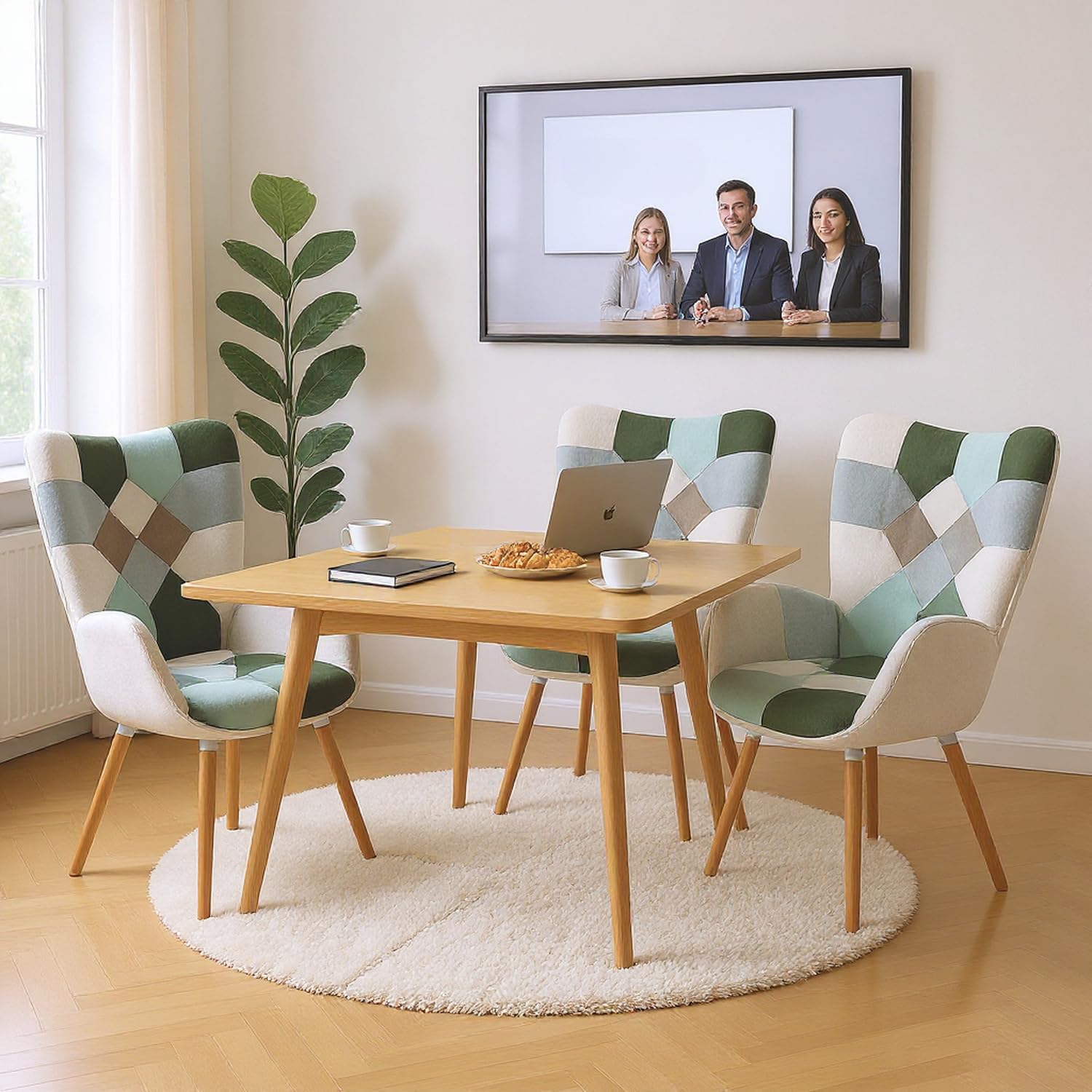 Fauteuil Patchwork Aqua avec Assise et Dossier Épais pour Réunion de Bureau Design Ergonomique Fauteuil Scandinave en Tissu Résistant pour Salle Conférence Entreprise Hauteur d'Assise 45 cm