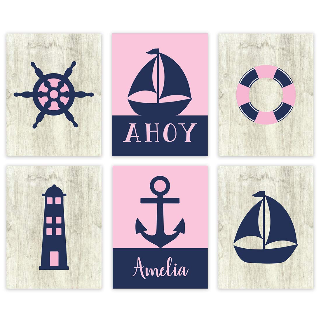 Andaz Press Personalized Girls Ocean Nautical Sailor Theme Nursery Kids Bedroom Hanging Wall Art Decor, 8.5x11-inch, Pink Navy Blue, Ahoy, Boat, 6-