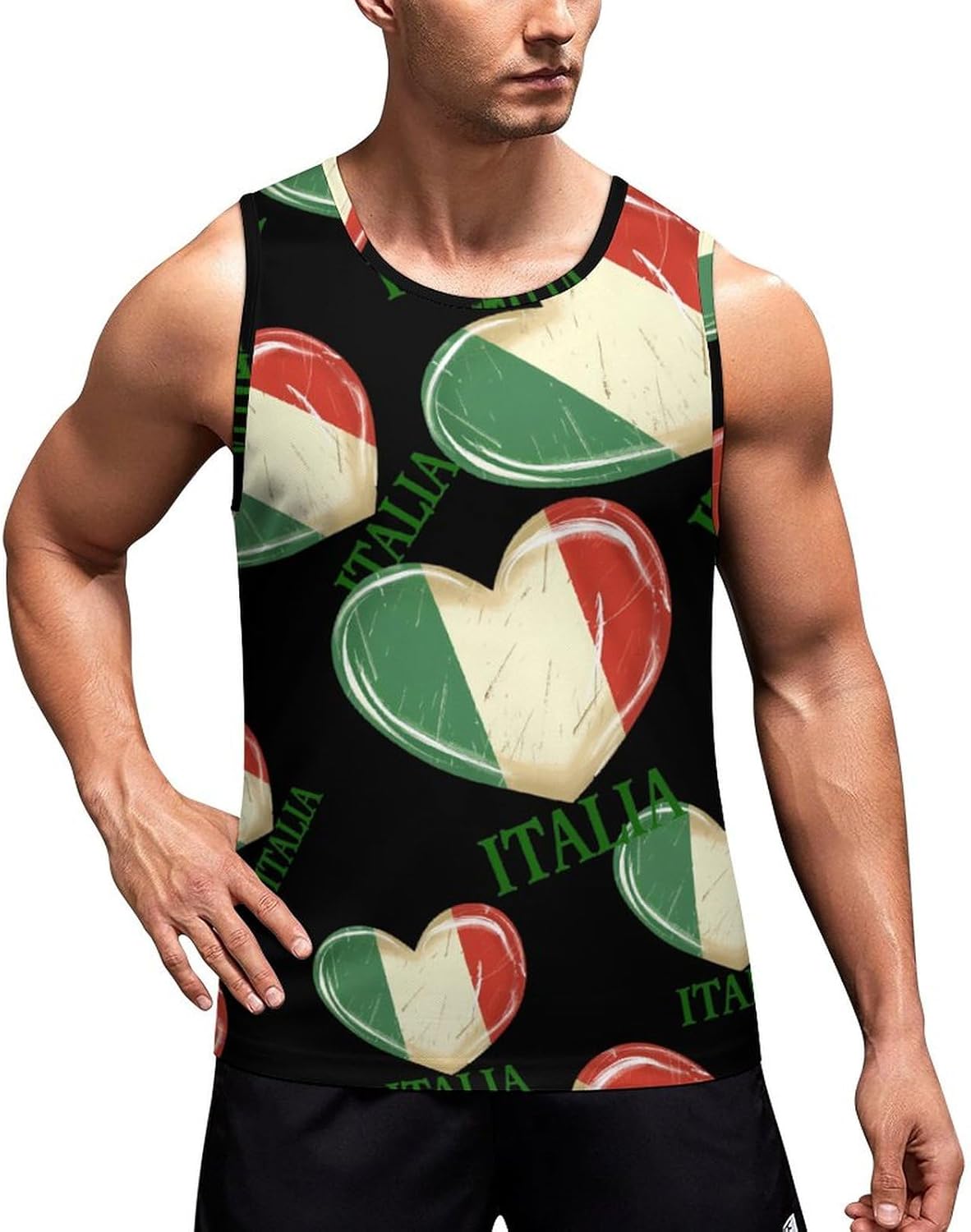 Italia Flag Italy Italian Heart Vintage Men's Tank Top Sleeveless Muscle Shirts Vest Beach T Shirts for Workout Gym