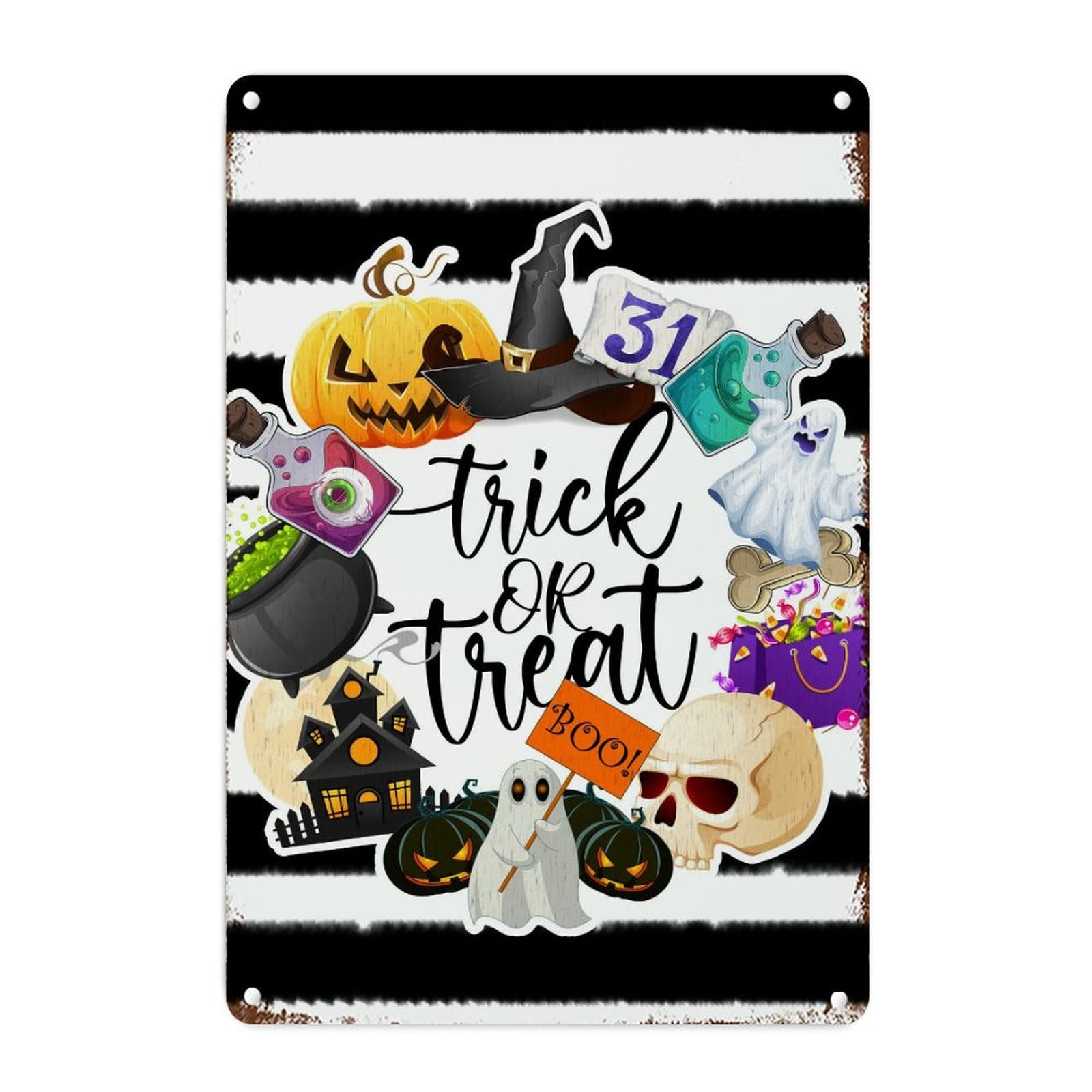 Panneau mural en métal Halloween motif rayures blanches et noires plaque effrayante 45x30