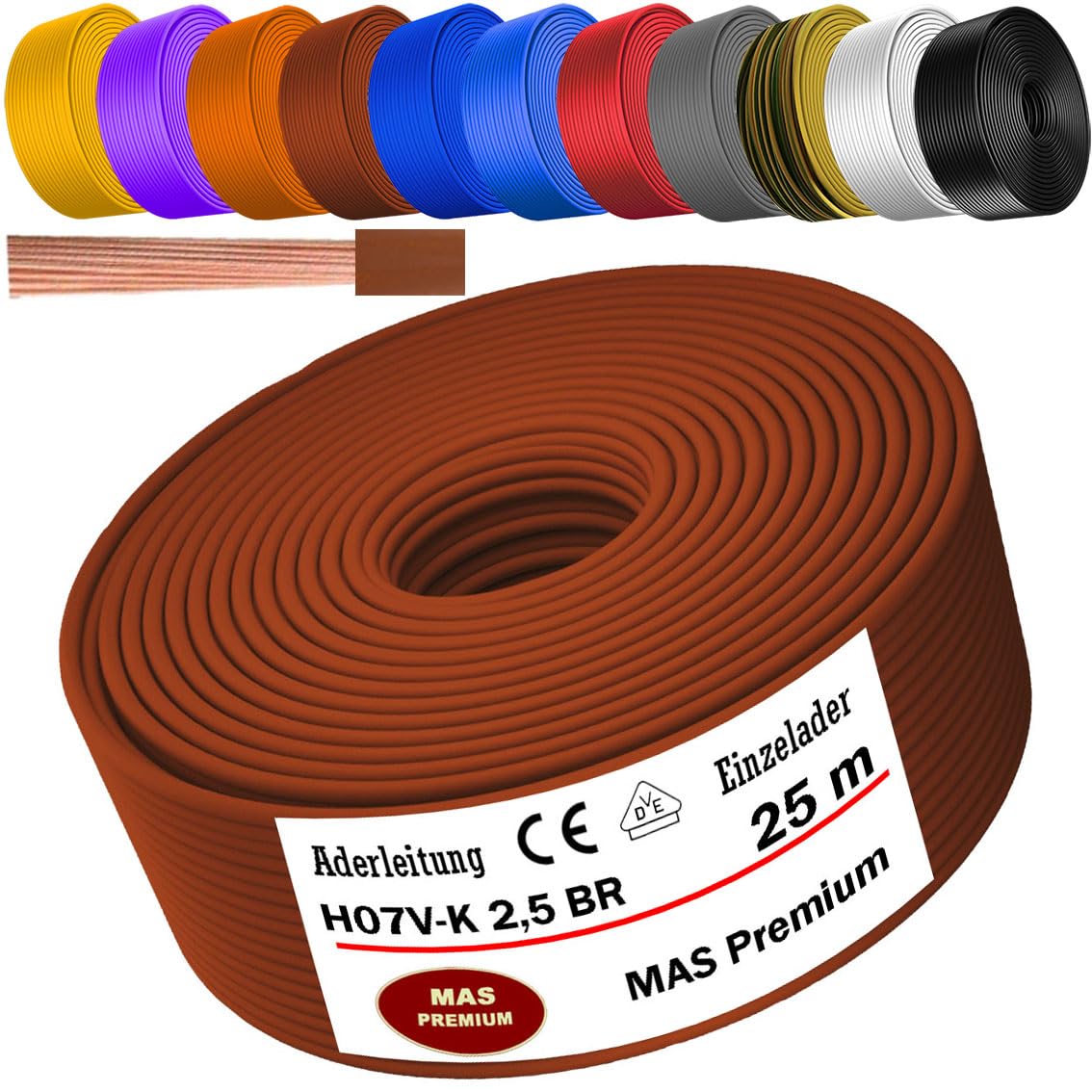 Câble conducteur H07 V-K - 1 x 2,5 mm² - Marron - Flexible - 5 m, 10 m, 20 m, 25 m, 30 m, 40 m, 50 m à 100 m (25 m)