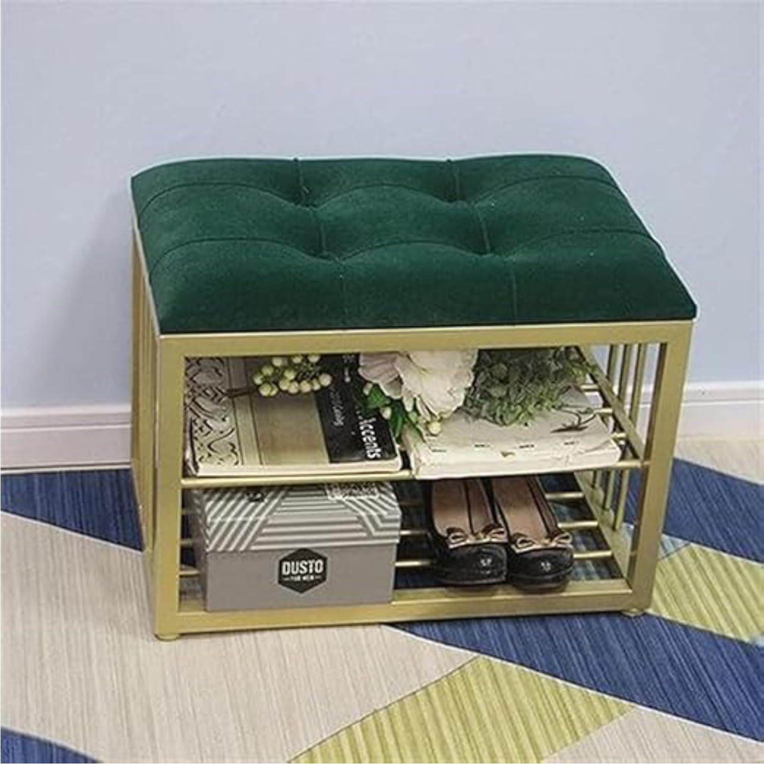 FLIPSSHOPPEE Modern Style Shoe Rack: Space-Saving, Velvet-Covered Wrought Iron Shoe Rack for The Living Room, Bedroom, or Entryway Shoe Bench Hallway Including a Cushioned seat (Green)-image-16