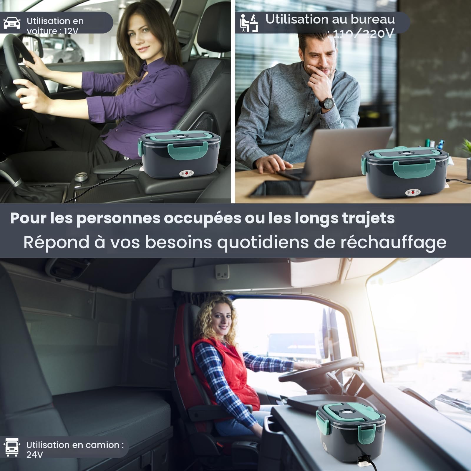 Boîte à déjeuner électrique 100 W, 3 en 1, portable, en acier inoxydable, 1,5 l, boîte à pain amovible, 12 V/24 V/220 V, pour voiture, camion, bureau (bleu et vert, 1,5 l)