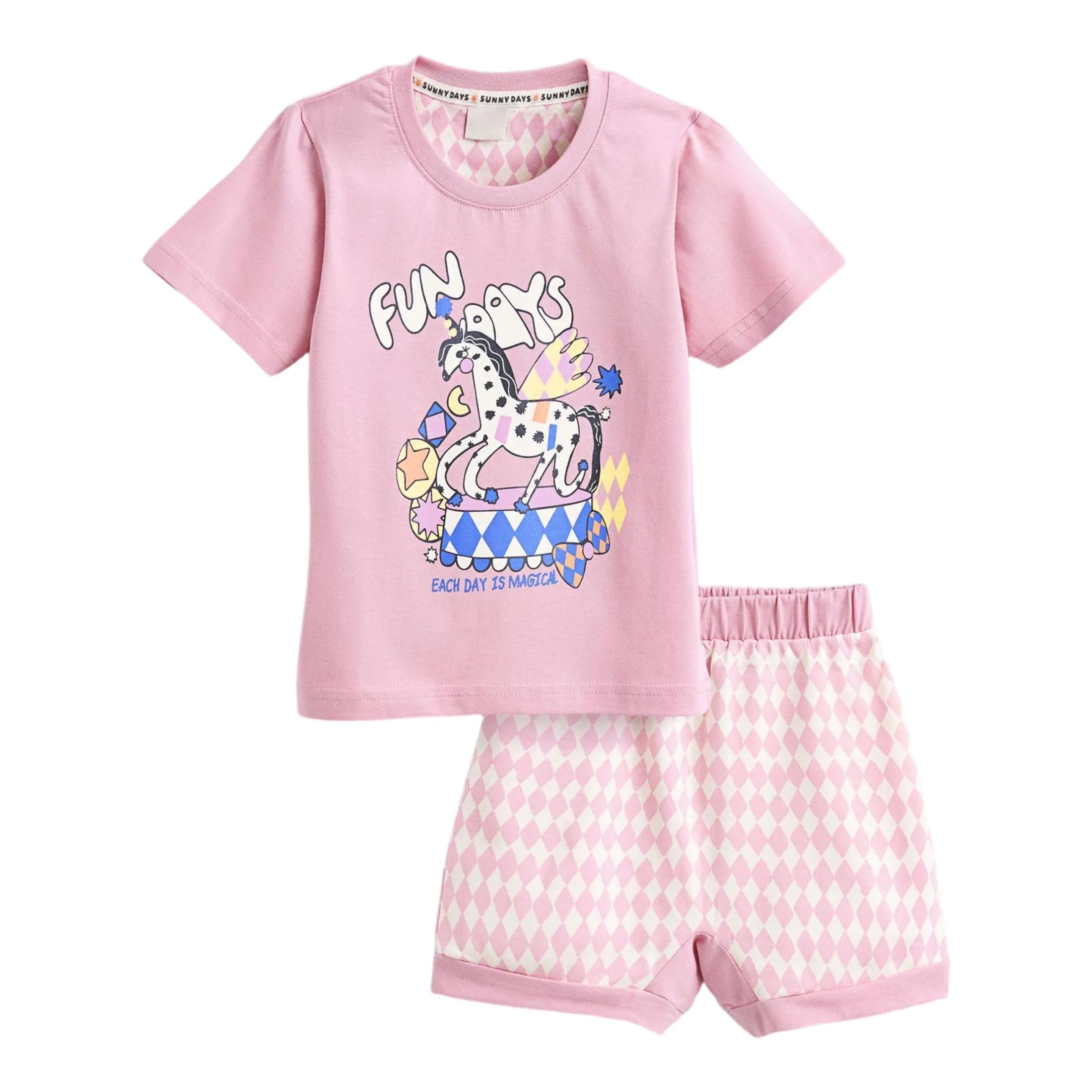 Boys Cotton Unicorn Shorts Set in Pink Color-image-2