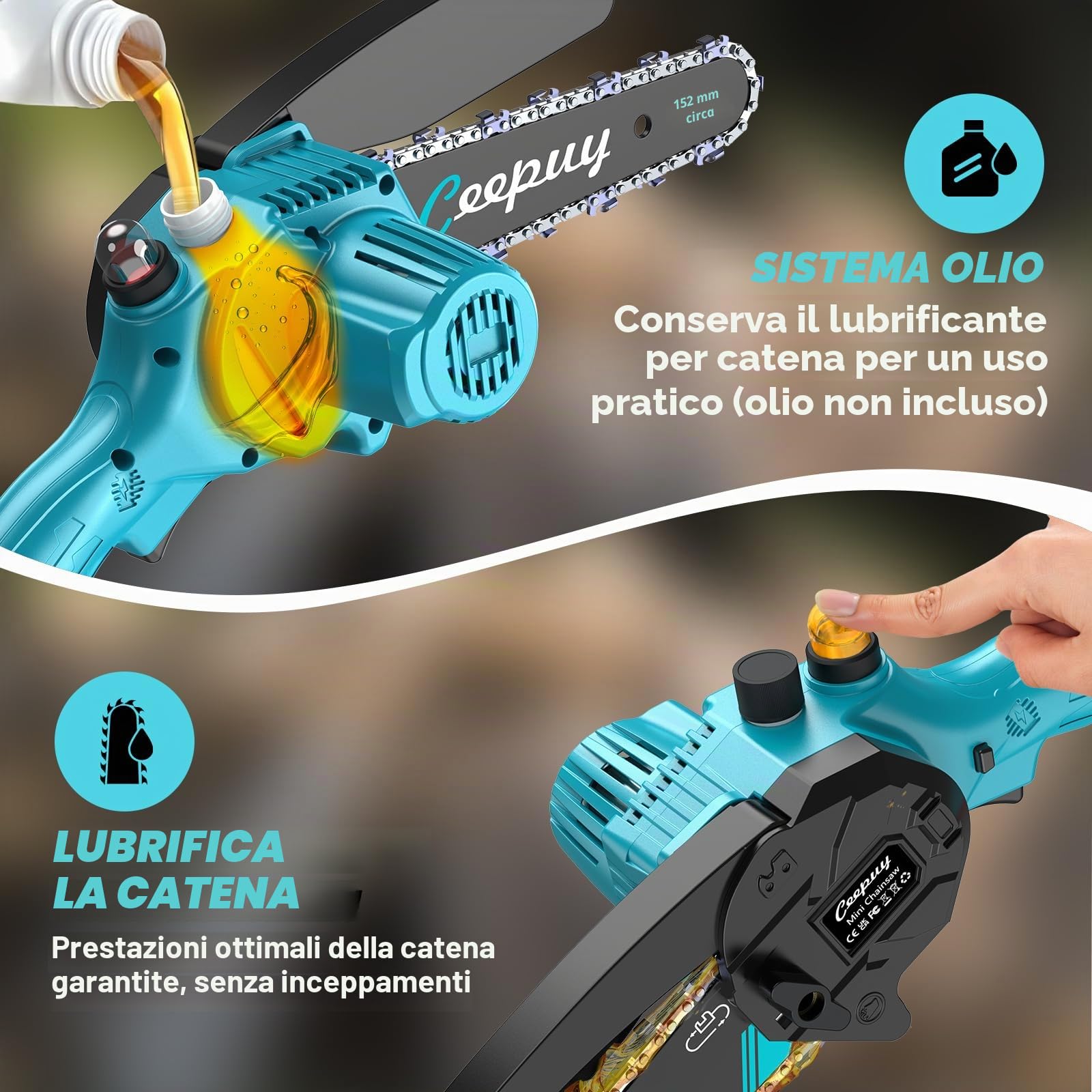 CEEPUY Mini motosega a batteria 2x4000 mAh, 6 pollici motosega elettrica senza fili con iniettore di olio e catena di ricambio, adatta per potatura di alberi da giardino (880W)