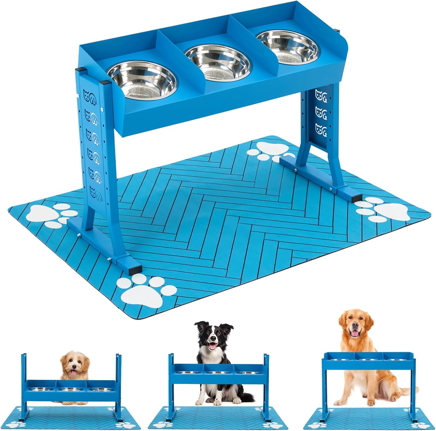 Triple Elevated Dog Bowls Stand for Dogs, Adjustable Raised Dog Bowl Stand with 3 Stainless Steel Bowls, 7 Heights & 3 Tilt Angles, Tall Dog Feeding Station for Large Medium Small Dogs, Mat Included