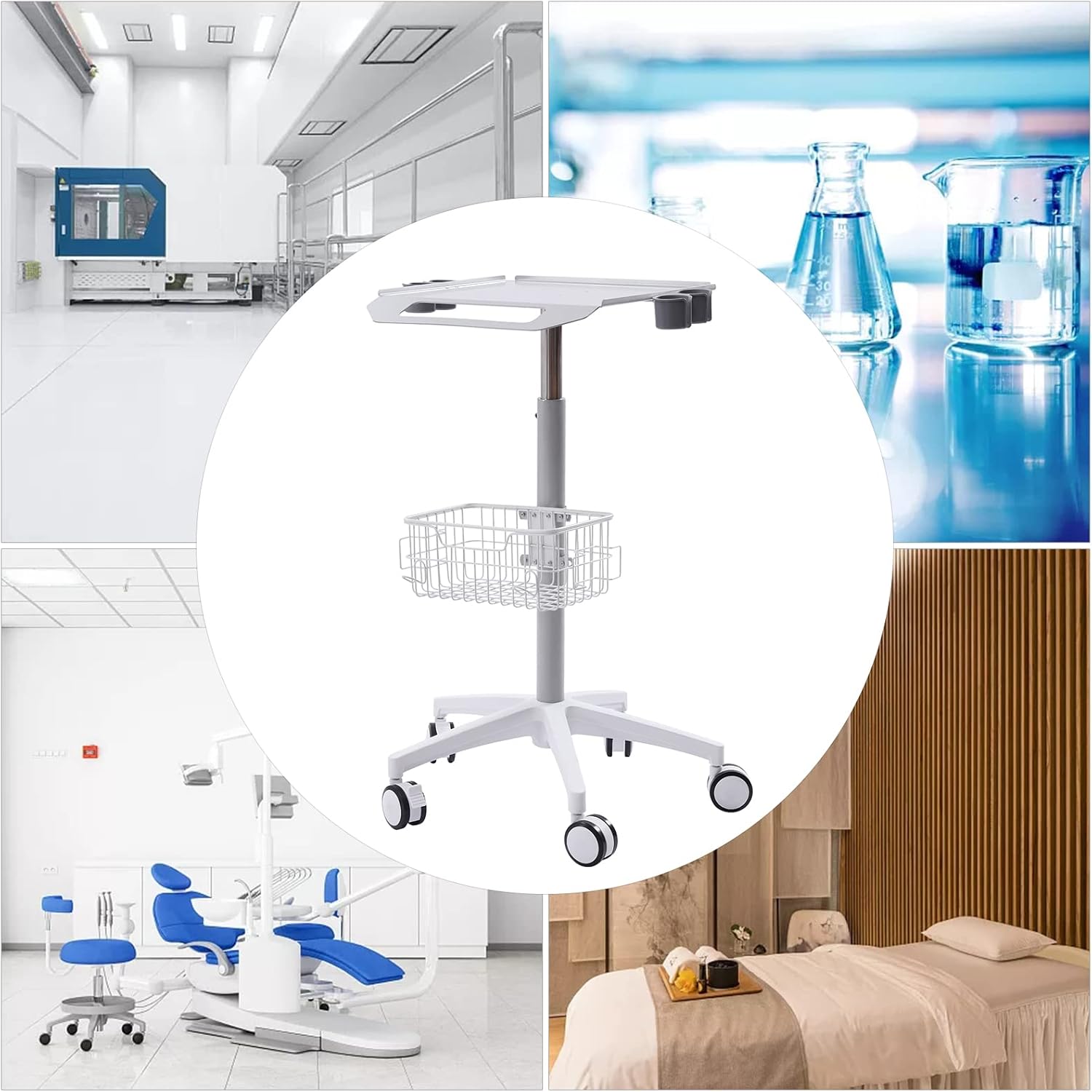 Mobile Rolling Cart, Height Adjustable Instrument Trolley Cart with Wheels, Large Capacity Rolling Lab Carts with Basket Storage, Medical Mobile Trolley for Laboratory, Hospital, Beauty Salon