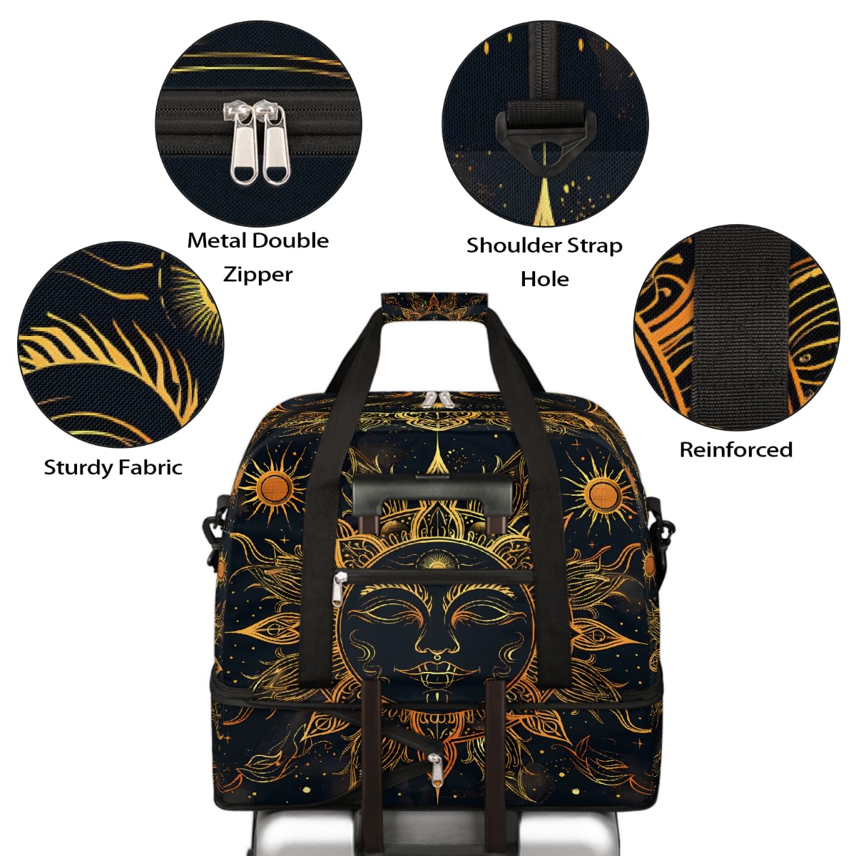Borsone da viaggio pieghevole con mandala dorato e viso di sole, borsa da palestra espandibile con scomparto per scarpe, grande capacità, borsa da weekender, per viaggi, sport, viaggi notturni