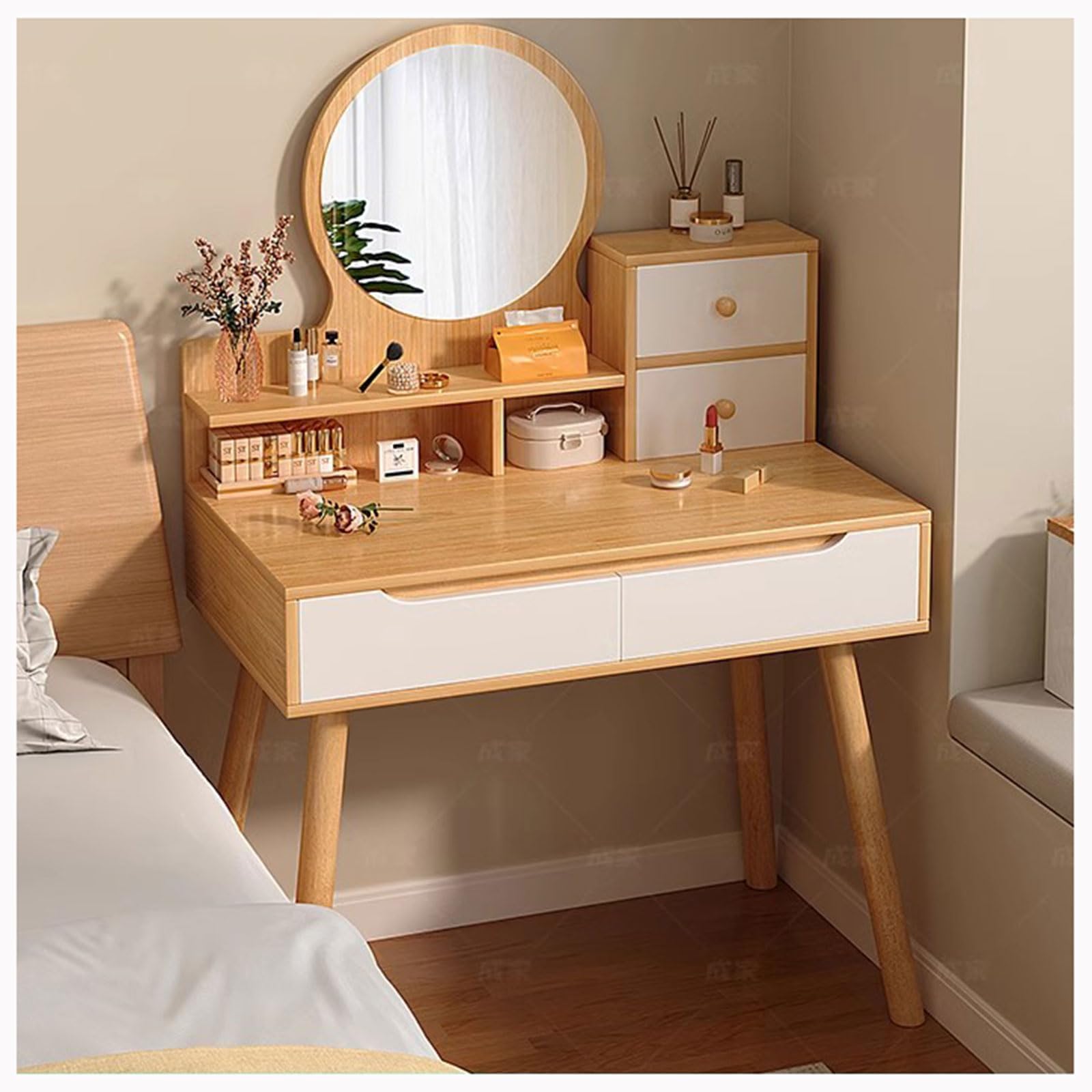 Mesa Vani de madera de 80 cm con espejo redondo y estantes abiertos para el maquillaje diario