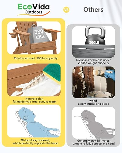 Miniatura 9 de Juego de sillas plegables Adirondack de 3 piezas, respaldo extra alto de 38 pulgadas y grano de madera en relieve, muebles de patio de polietileno