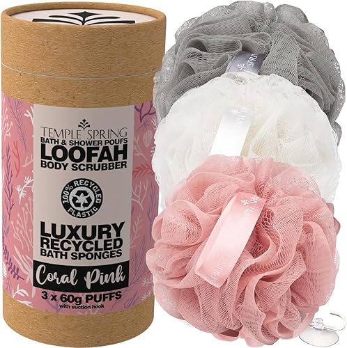 Miniatura 1 de Temple Spring Esponjas de luffa recicladas, accesorios de ducha de baño, esponja de baño de lufa, exfoliante corporal exfoliante, puf exfoliante