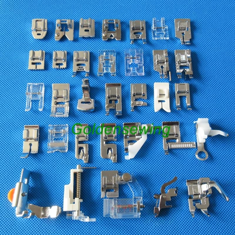 All 32 presser feet laid out on a blue background