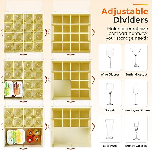 Miniatura 6 de Caja de almacenamiento para copas de vino con divisores, paquete de 2 recipientes de almacenamiento de cristalería, estuches de almacenamiento con