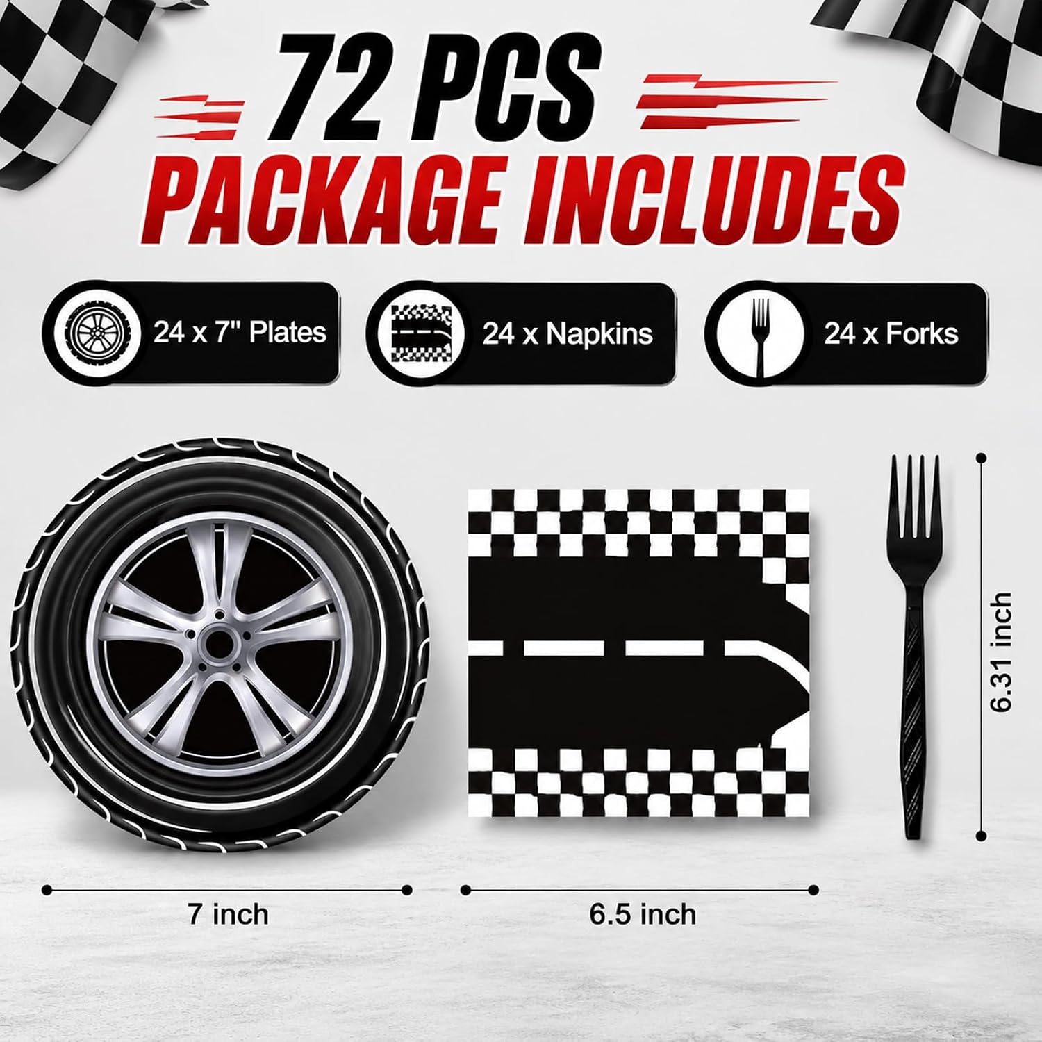 72 Pcs Race Car Plates Napkins and Forks Set, 7 Inch, Serves 24 Guests image 2